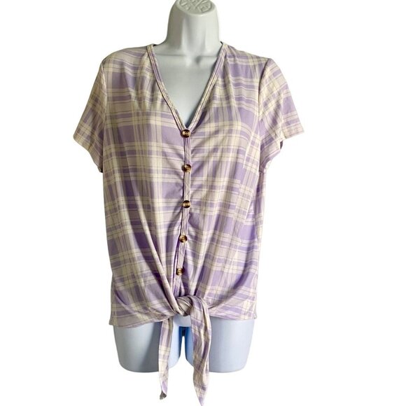 C'est La Vie Purple White Short Sleeve Top Front Tie Large NEW Super Soft - Picture 2 of 7